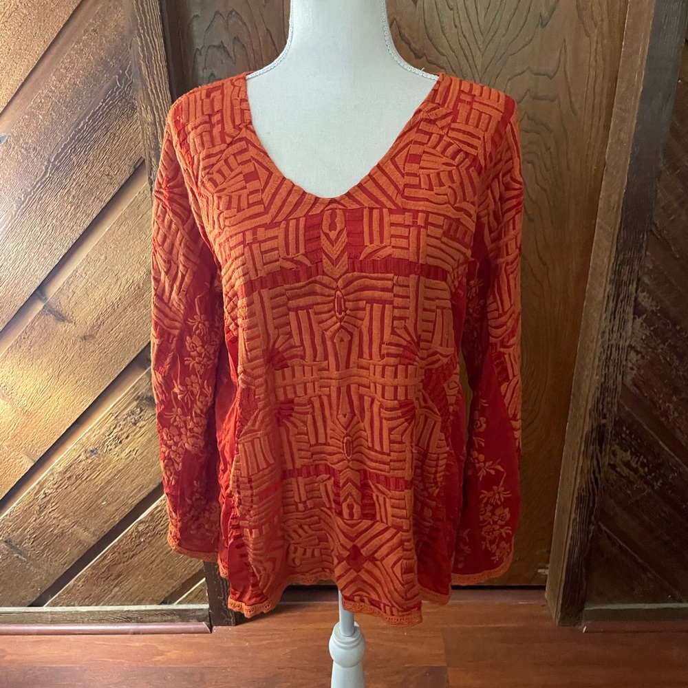 Johnny Was Orange Embroidery peasant blouse sz XS Vneck long sleeve eyelet lace - Picture 6 of 16